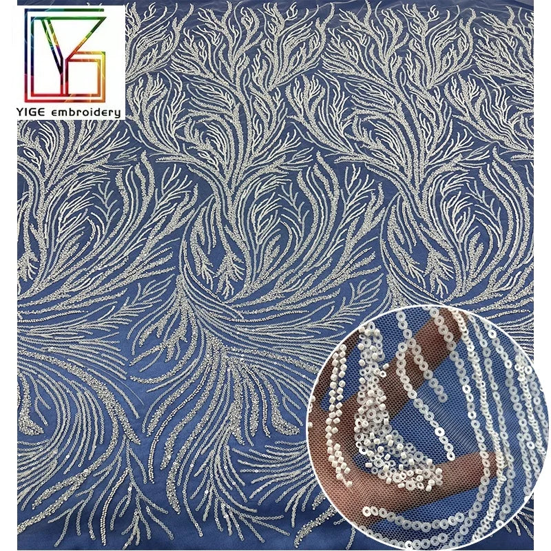 New Elegant Bridal Beaded Sequin Lace Fabric High Density Luxury White Wedding Beads Sequins Tulle Lace Fabric for Dresses Women