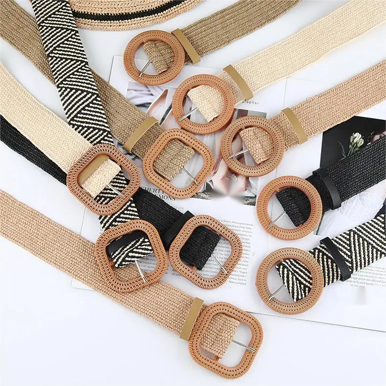 New Korean Cotton Hemp Aeolian Woven Belt Women's Round square Button Dress Gown Decorative Belt
