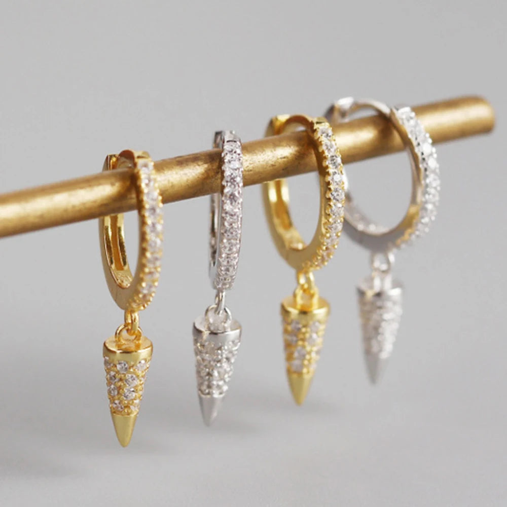 Punk Jewelry 925 Sterling Silver Small Cubic Zirconia Hoop Earrings Gold Plated Circular Cone Shaped Drop Earrings for Women