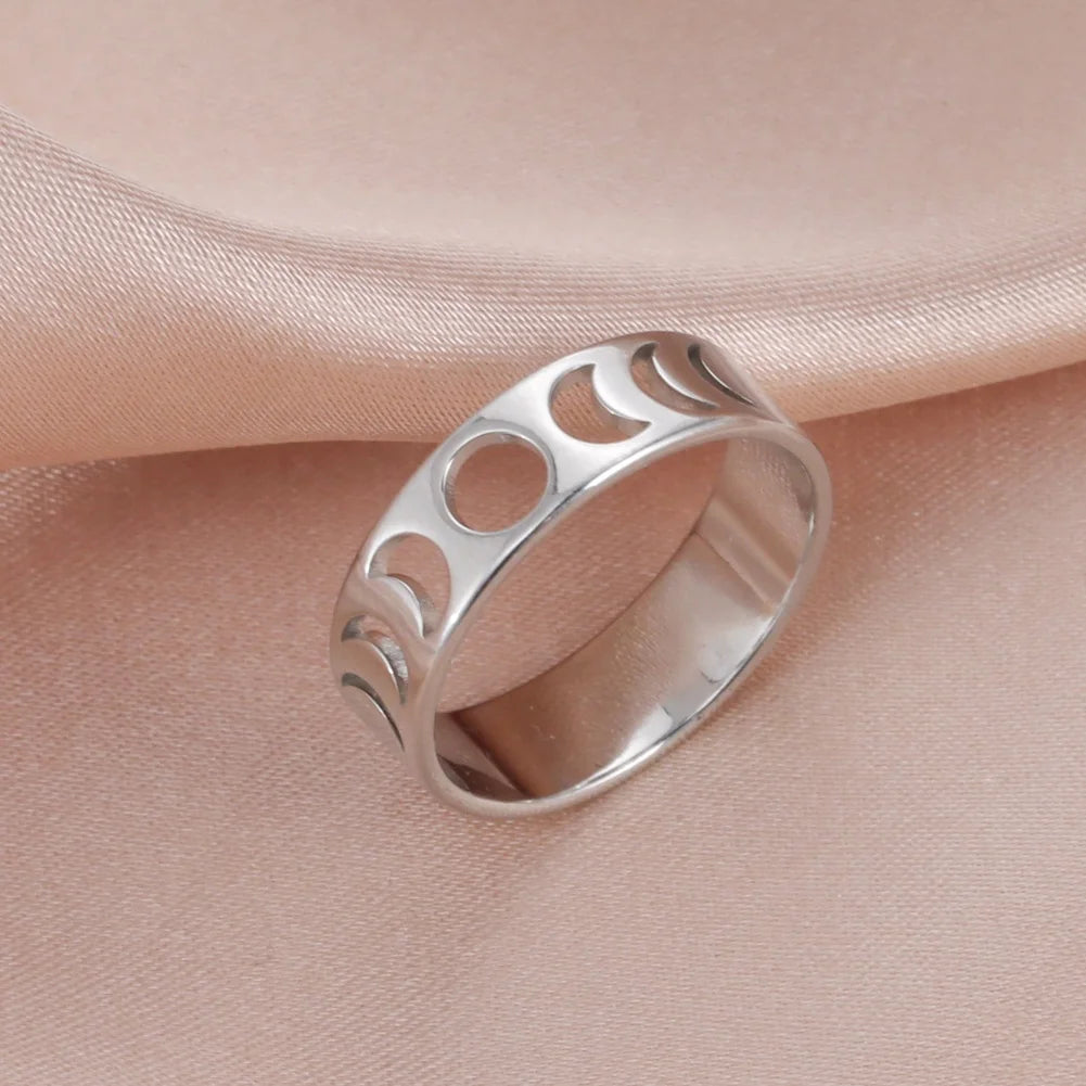 Full Crescent Moon Rings for Women Moon Phase Stainless Steel Rings for Couple Birthday Gifts Fashion Wedding Jewelry