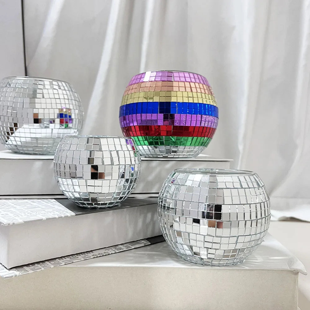 Hot Selling Activity Party Birthday Gift Mosaic Silver Rainbow Wedding Decorative Glass Candle Holders Disco