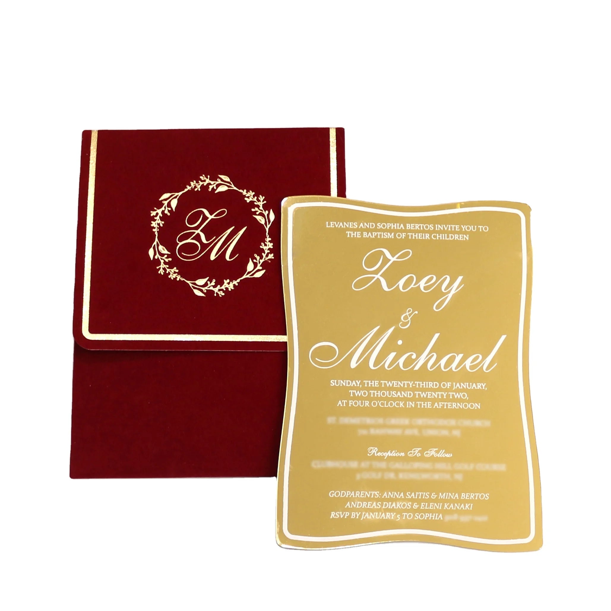 Gold Mirror Acrylic Wedding Invitation Card with Red Velvet Packing Envelope for Wedding Event
