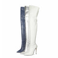 New Style Women's Over-the-Knee Thigh High Boots Plus Size High-Heeled White PU Winter Long Boots with Zip Closure for Autumn