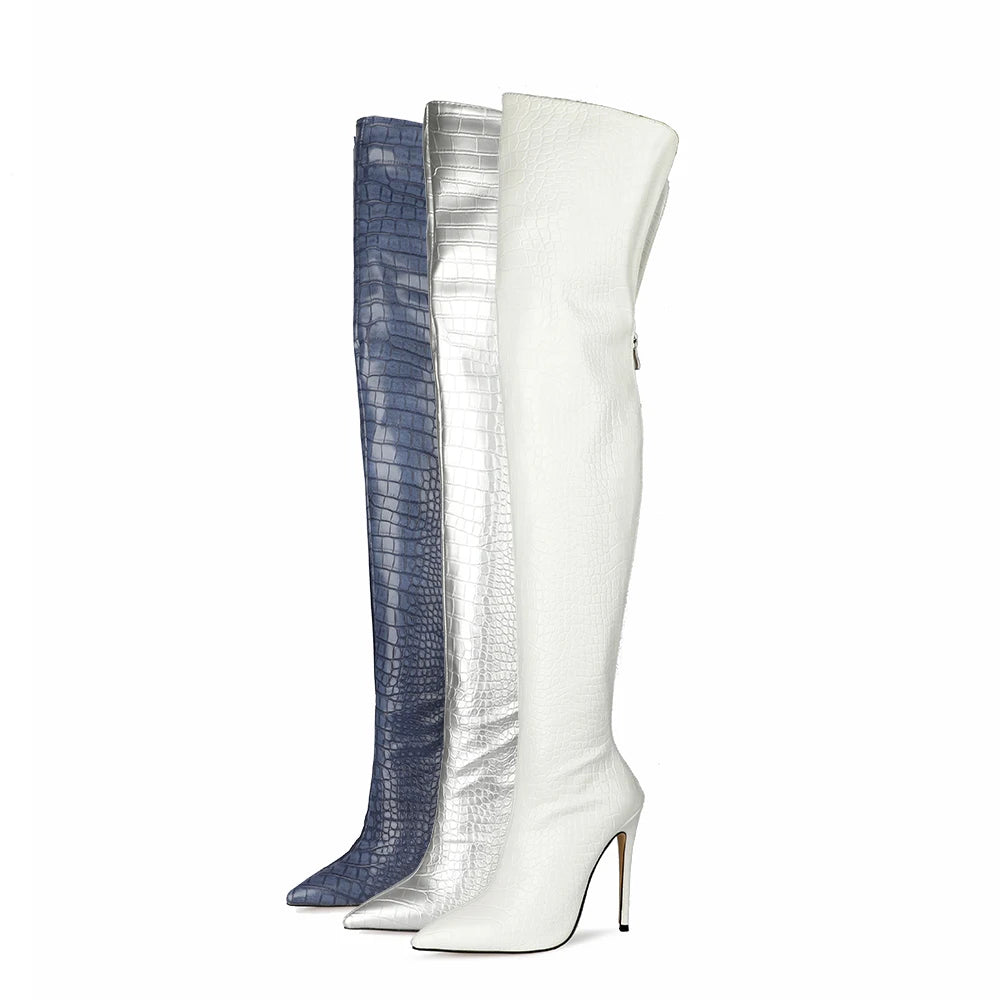 New Style Women's Over-the-Knee Thigh High Boots Plus Size High-Heeled White PU Winter Long Boots with Zip Closure for Autumn