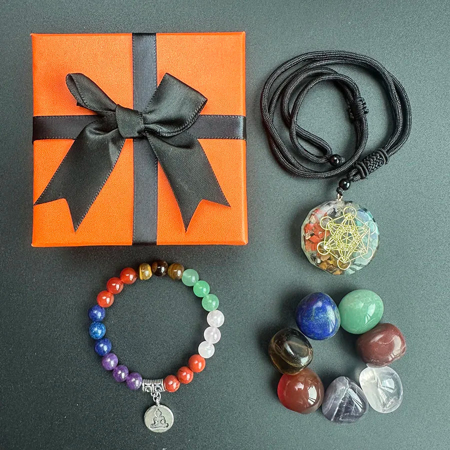 7 Chakra Natural Crystal Healing Energy Yoga Bracelet Gravel Resin Pendant Necklace Tumbled Stone Set with Box