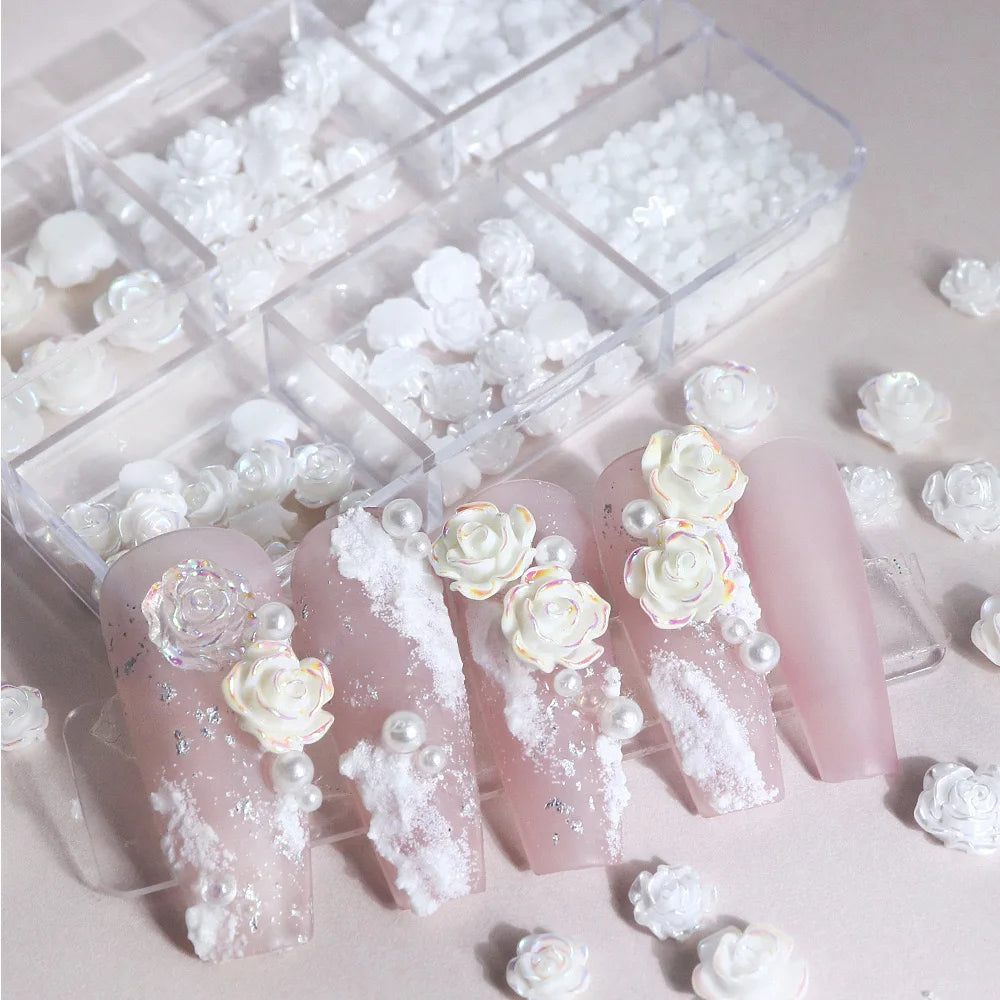 Nail Charms 5D Laser White Flower Nail Art Rhinestones AB Flat Back Camellia for Nail Decoration