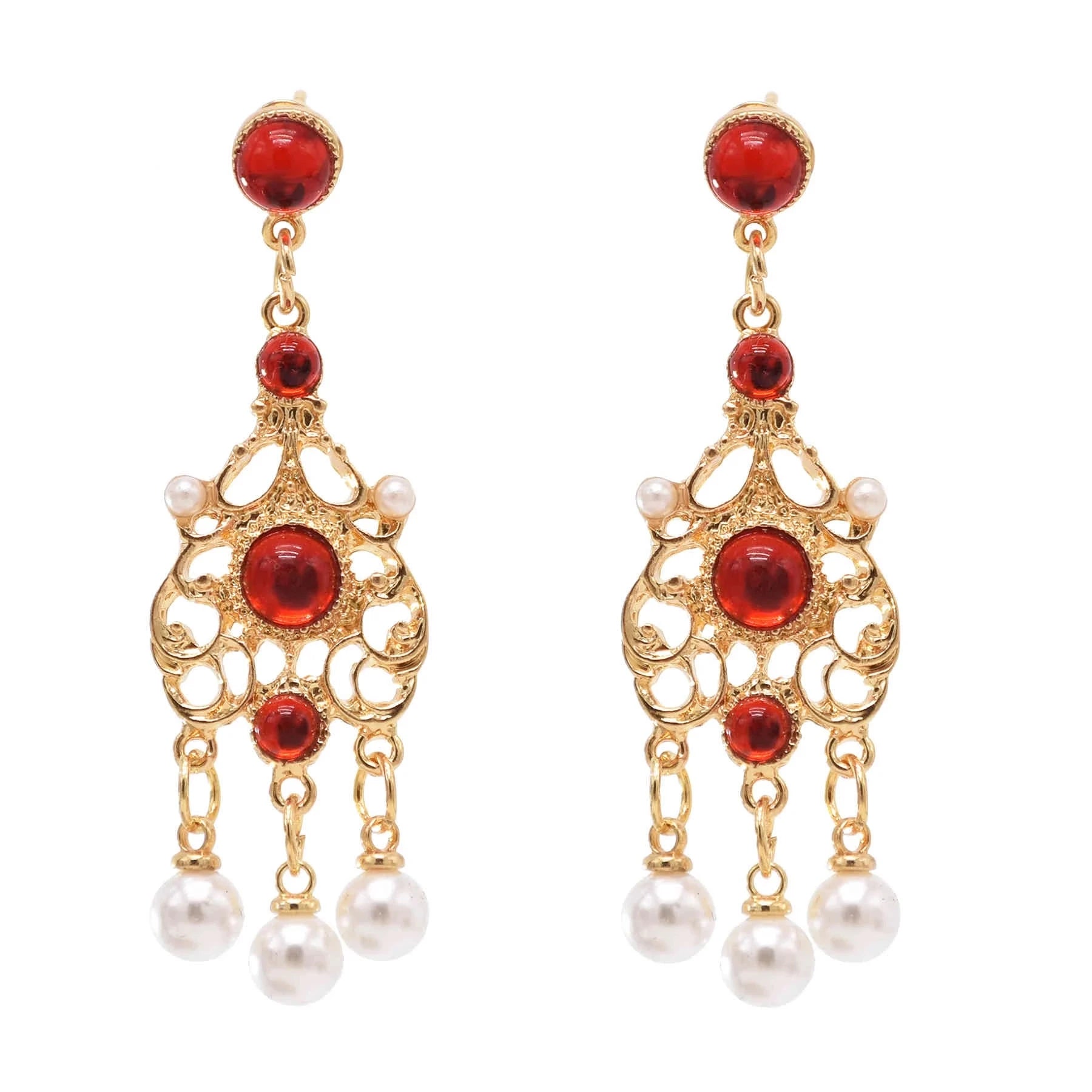Women Fashion Pearls Long Tassel Red Ruby Pearl  Earrings Bridal Wedding Party Jewelry Gift