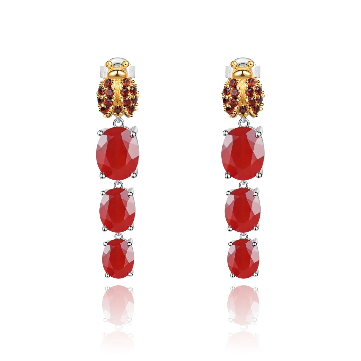 C8300 Abiding Natural Three Red Agate Stone 925 Sterling Silver Ladybug Animal Jewelry Drop Earrings for Women