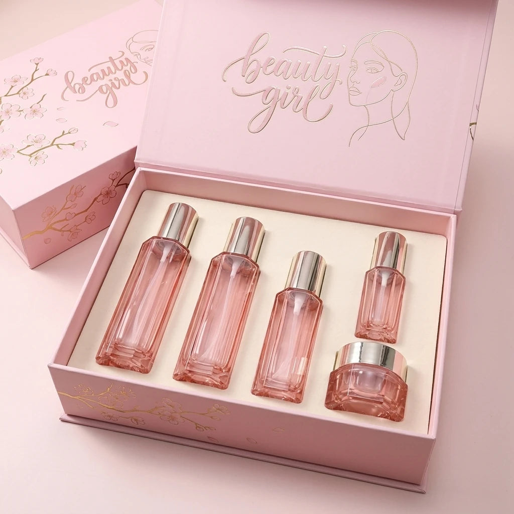 New Design Custom Pink Cosmetic Jar Cosmetics Containers Glass Bottle and Packaging Empty Skincare Cosmetic Packaging Bottle Set