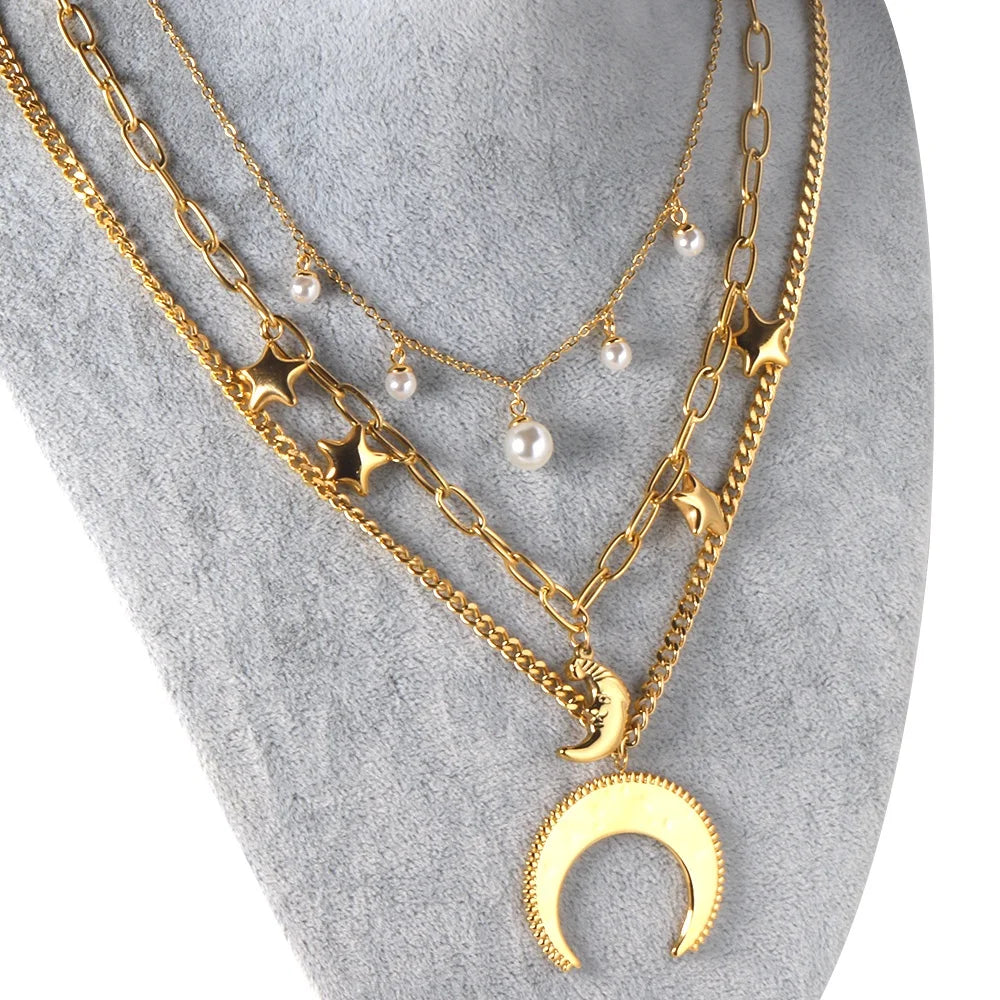Stainless Steel Jewelry 18K Gold Plated Layered Pendant Necklace Moon Star Charm Pearl Chain Chunky Statement Necklace for Women