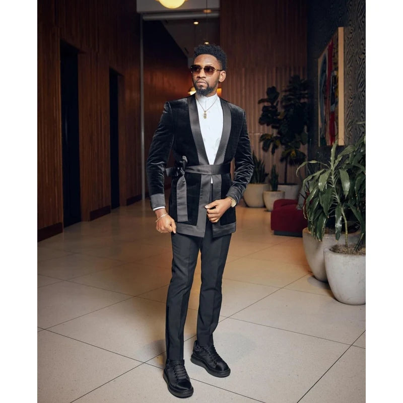 New Design Black Velvet Male Suits With Belt 2 Pieces Formal Groom Travel Wear Jacket+Pants Costume Homme Men Suits