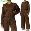Wholesale Women's Sports Fleece Zipper Hoodie Set Loose Straight Leg Casual Thick Plus Size Outdoor Top