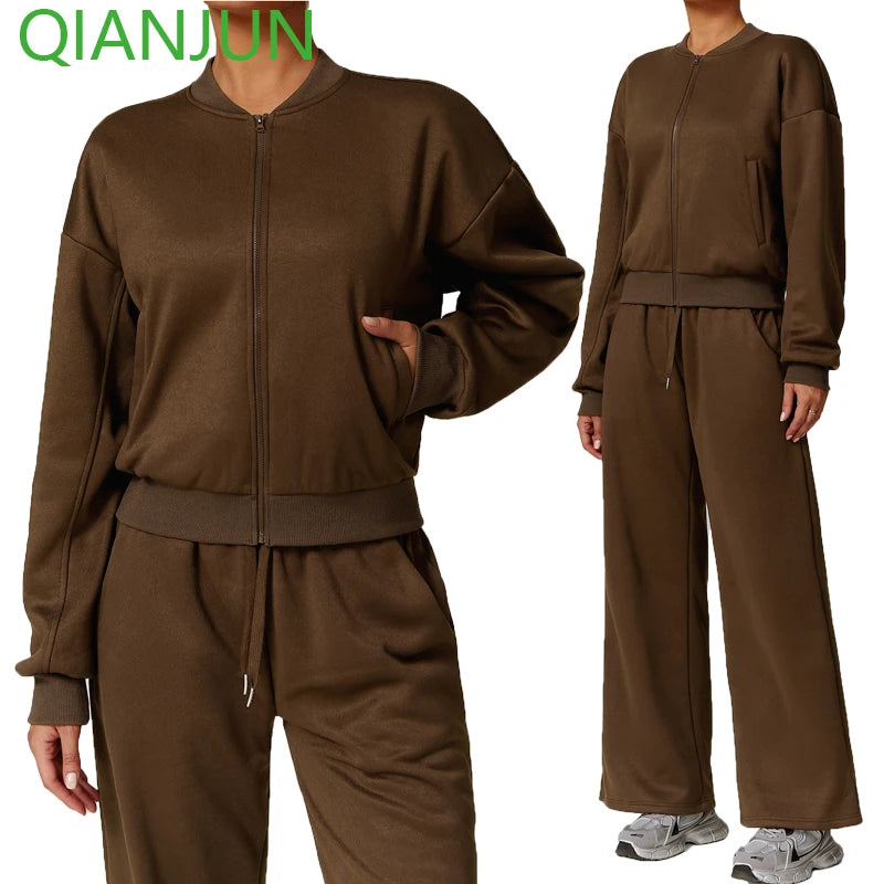 Wholesale Women's Sports Fleece Zipper Hoodie Set Loose Straight Leg Casual Thick Plus Size Outdoor Top