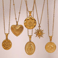 Non Tarnish Retro Vintage 18K Gold Plated Necklace Set Heart Turtle Engrave Sun Round Disc Pendant Necklaces