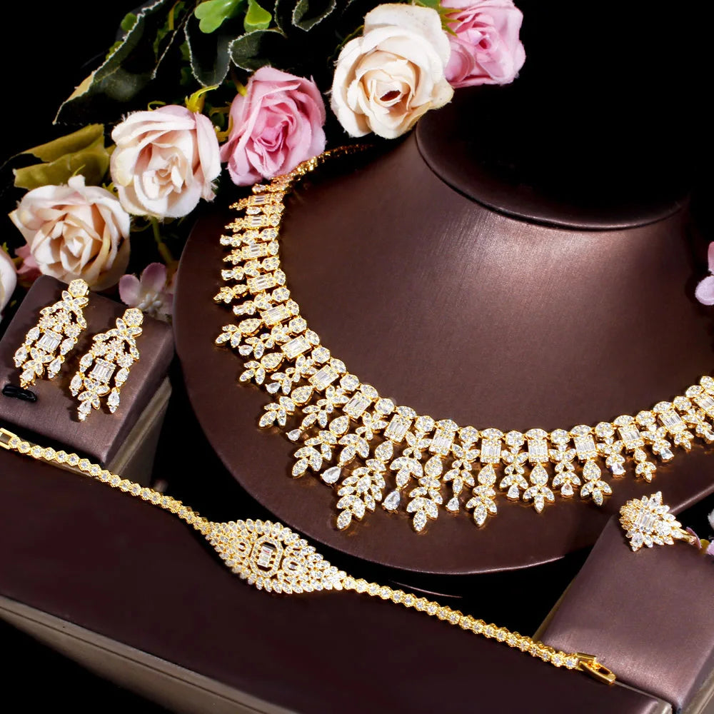 Latest Design Luxury Dubai Gold Jewelry Set Italian Brazilian Bridal Cubic Zirconia Necklace Accessories for Women Wedding Party