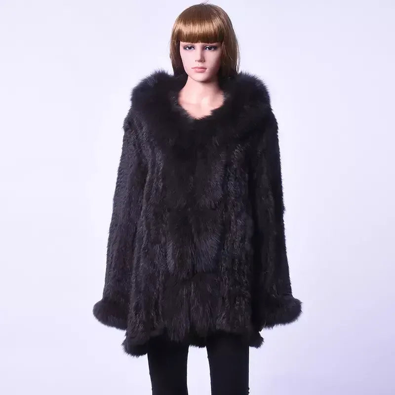 MWFur Fashion Lady Rabbit Fur Knit Woman Winter Fox Fur Collar Coat Casual Long-sleeved Fox Cuff Long Fur Coat