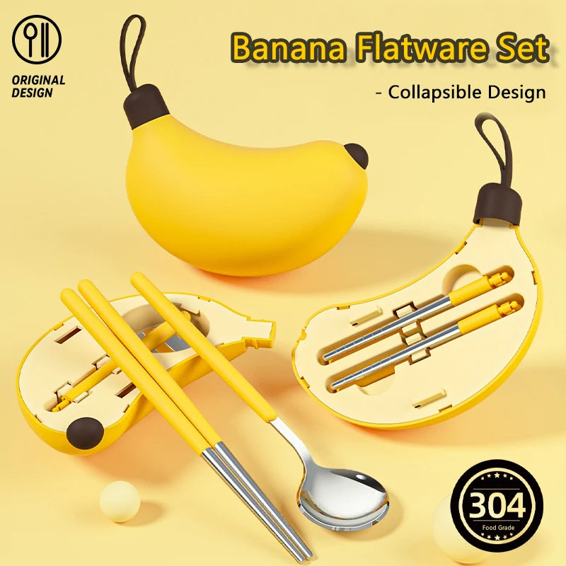 2025 New Banana Kids Cutlery Set Stainless Steel 304 Travel Cutlery Set with Case Pocket Foldable Spoon Chopsticks Flatware Set