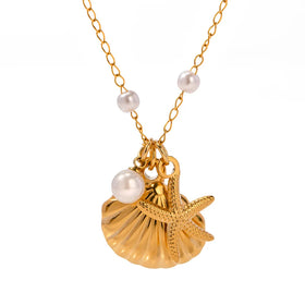 French Ins Style Stainless Steel Starfish Seashell Charm Pearl Bead Chain Necklace