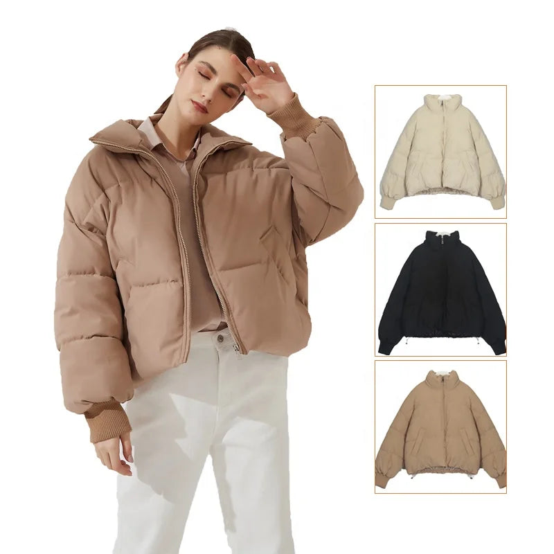 Women's Short Casual Puffer Jacket Padded Loose Breathable Lightweight Woven Fabric Stand Collar Quilted Waterproof Windproof