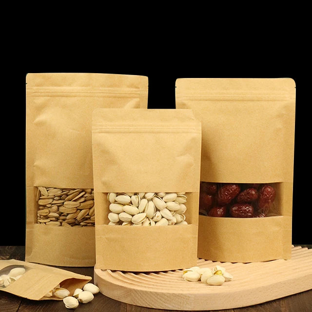 3-Layer Reusable Kraft Paper Doypack Packaging Pouches Resealable and Heat Sealable with Clear Window for Pet Food
