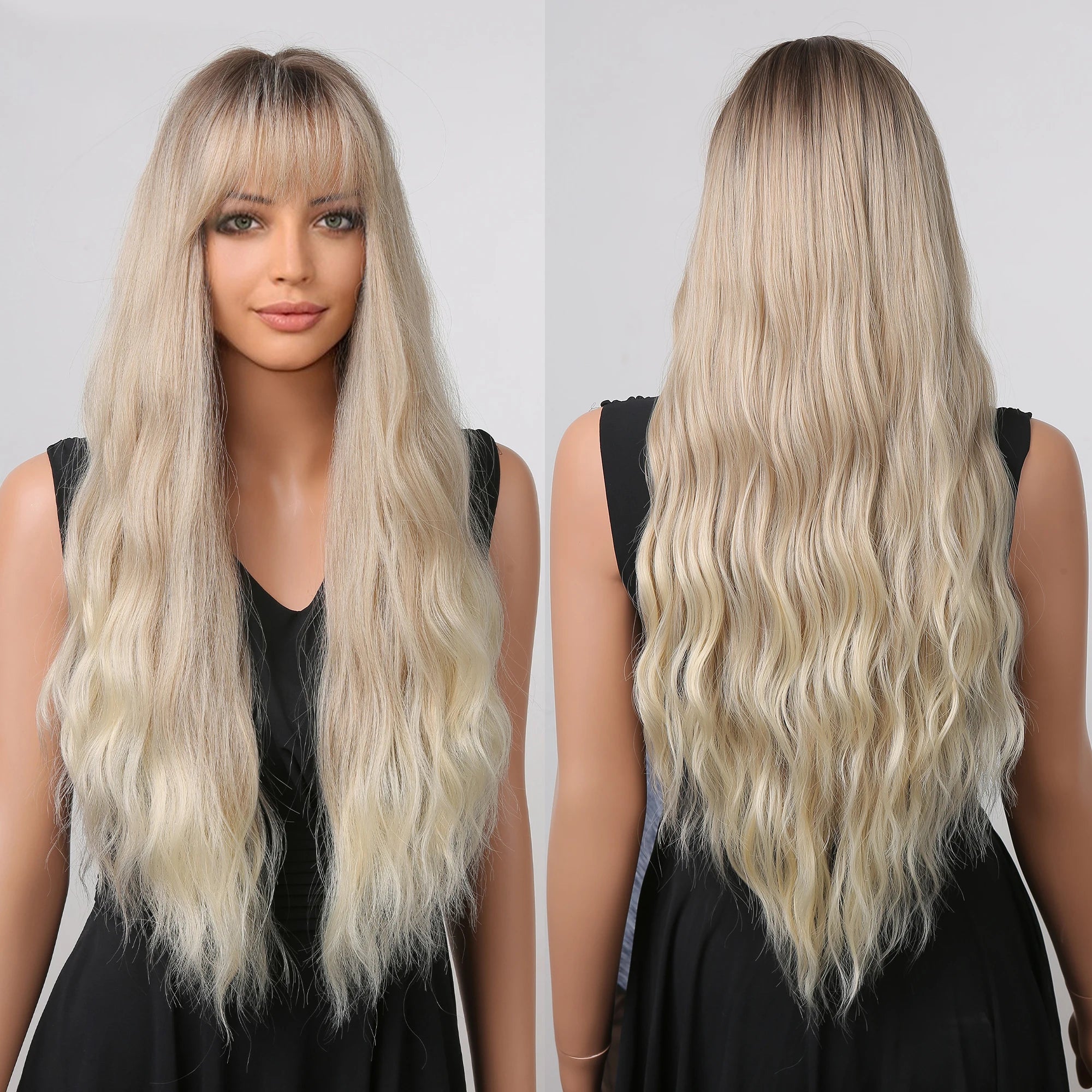 Fast Delivery Long Wave Synthetic Wig Ombre Brown Platinum White Wigs for Black Women Daily Wig With Bangs Heat Resistant Fiber
