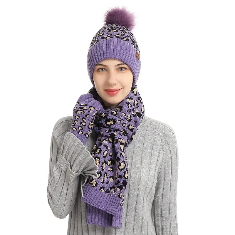 New Launch Oversized Knitted Beanies Scarves Gloves Set 3 Pcs Winter Warm Woolen Accessories Adults Custom Printed Hat Scarf