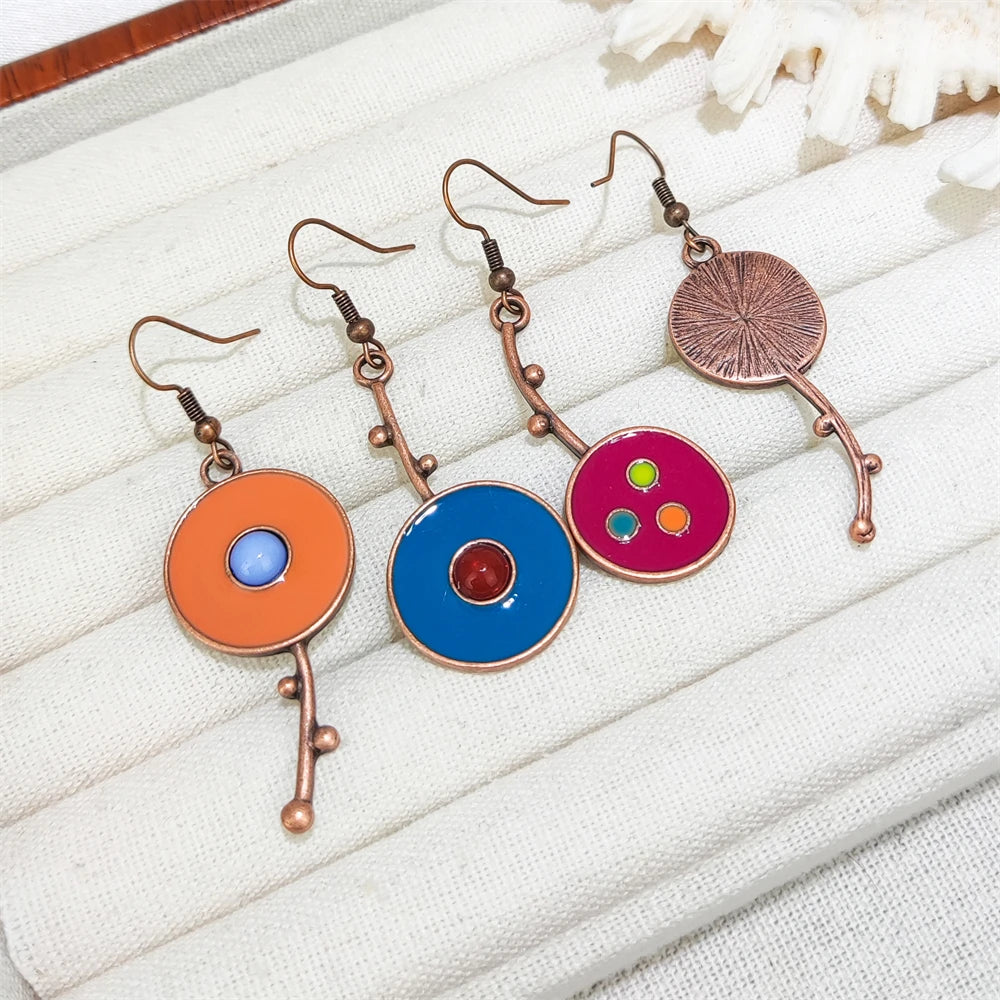 Special Latest Design Antique Bronze Plated Lovely Flower Pendant Enamel Earrings Asymmetry Oil Dripping Earrings for Women