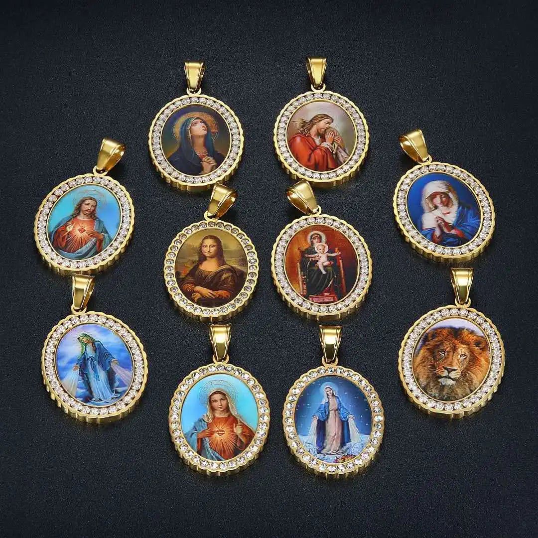 European Religious Custom Photo Memory square Titanium Steel Zircon Round Photo Frame Solid Pendant Necklace