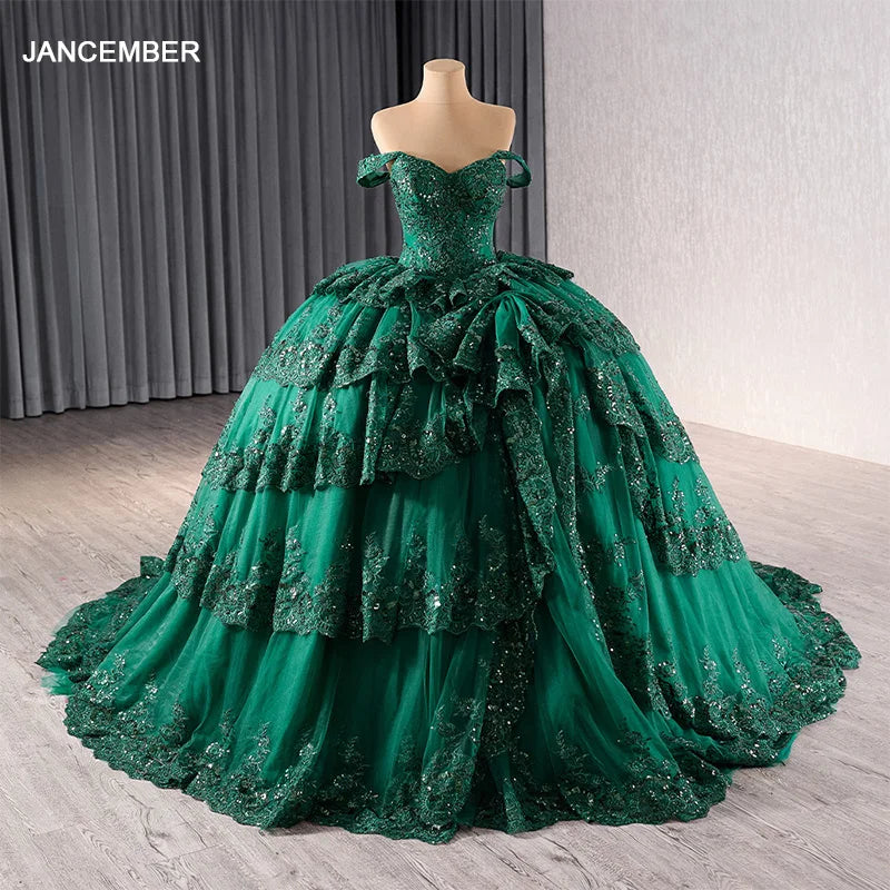 Emerald Green Beading Quinceanera Dresses Mexican Appliques Ball Gowns Lace up A-Line Puffy RSM241089-1