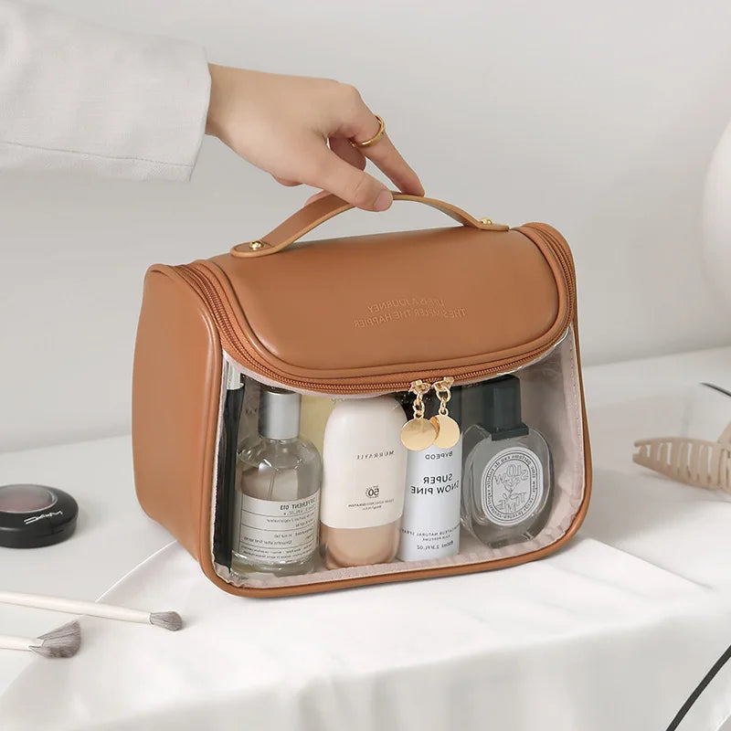 Custom Elegant PU Leather Travel Cosmetic Bag Large Capacity Makeup Case with Zipper Closure Customized Travel Makeup Bags