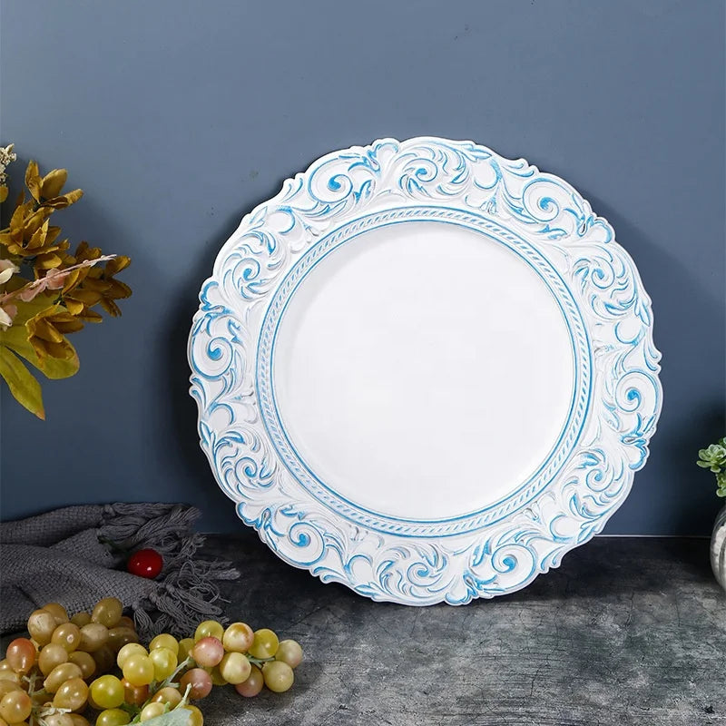 Hot Selling Presentation Plate Chargers Celadon Flower Pattern Plastic Dishes & Plates Wedding Decoration Plate