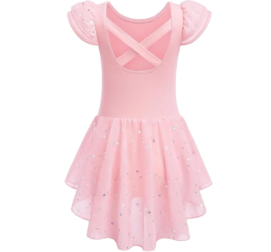 Short Sleeve Glitter Ruffle Sleeve Ballet Leotard with Skirt Ballet Dance Wear Tutu Skirt for Girls
