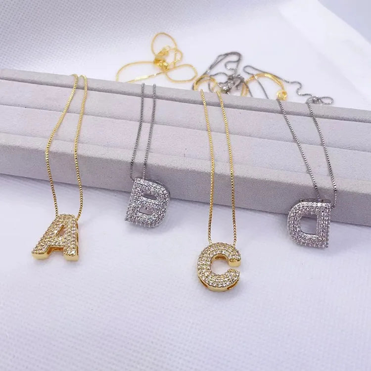NZ1501 Iced Out 18k Gold Plated CZ Paved Bubble Puffy Alphabet Letter Charm Pendant Necklaces Initial Charm Chain Necklace for W