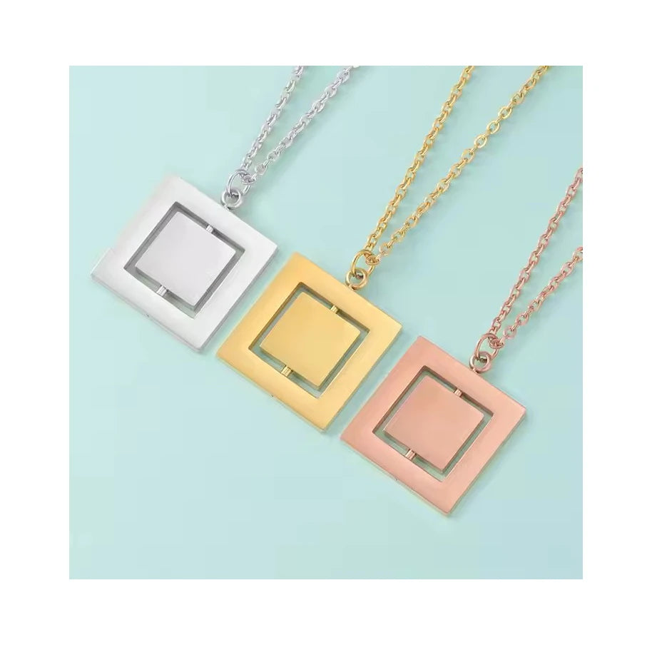 GT New Double Layer Geometry Stainless Steel Rotating Necklace Custom Engrave Spinner Rotatable Square Pendant Necklace