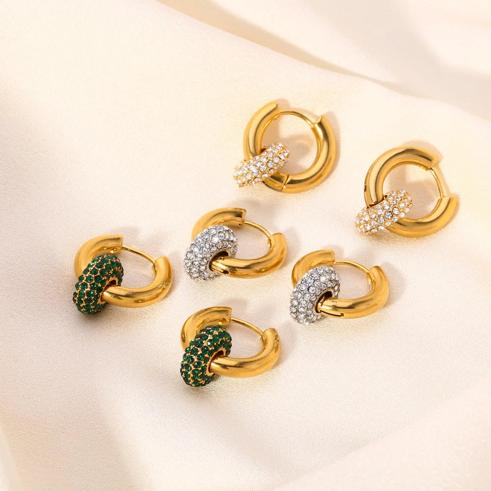 Ins Hot Selling Fashion 18k Gold Plated Stainless Steel Earrings Luxury Inlay Zircon Round Pendant Earrings for Women