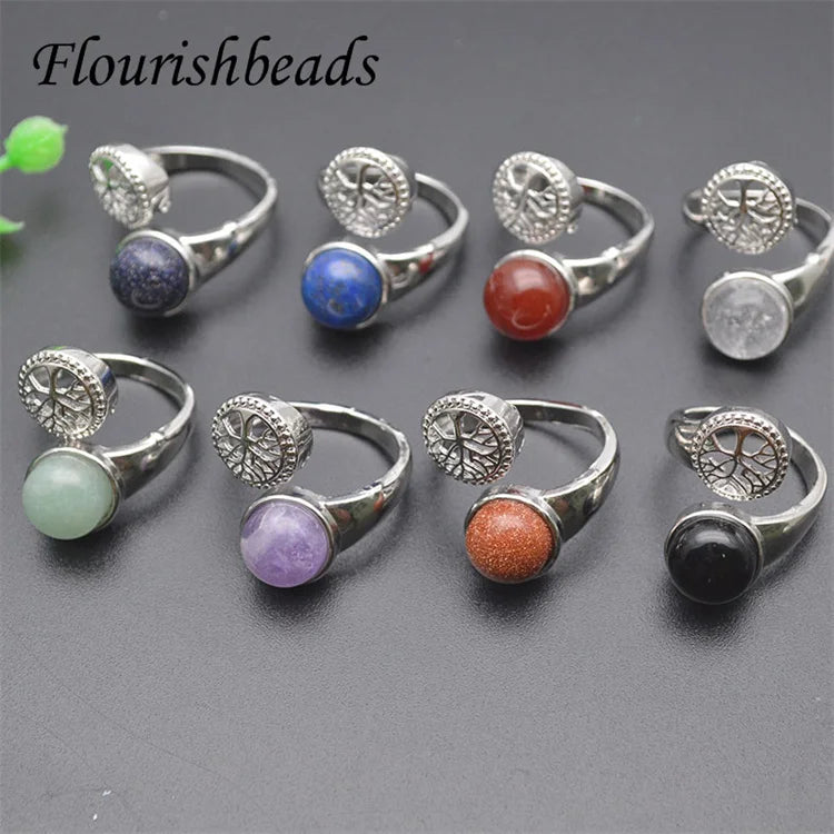 Unique Design Natural Healing Stone Silver Plated Lapis Blue Sandstone Carnelian Life Tree Open Adjustable Gemstone Rings