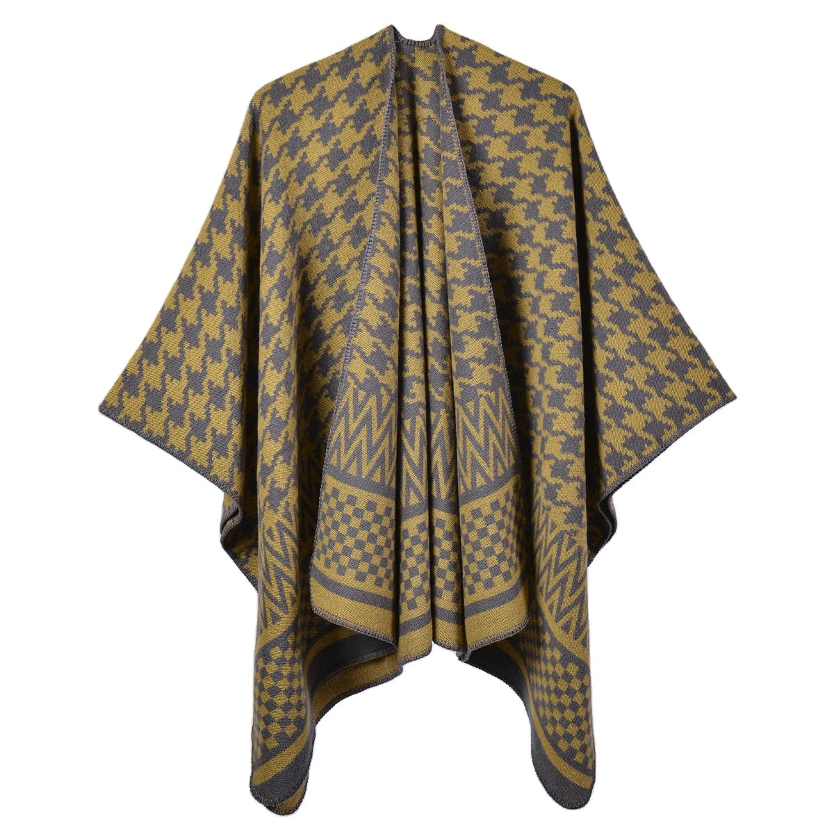 Ladies Winter Autumn Soft Acrylic Shawls Classic Black and White Houndstooth Pattern Pashmina Capes Women Ponchos With Fox Trim