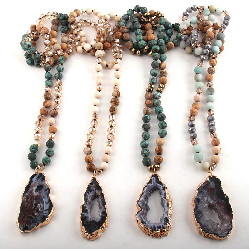 Women 8mm Pic Jasper Frost African Turquoise Necklace Gemstone Long Knotted Irregular Druzy Pendant Necklace