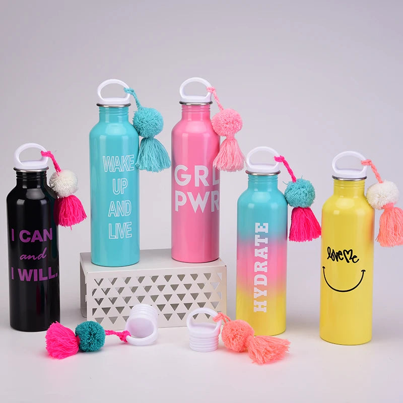 Single-Wall Stainless Steel Water Bottle with Portable Handle Large 800ml Capacity Tassel Pom-Pom Design for Outdoor Sports