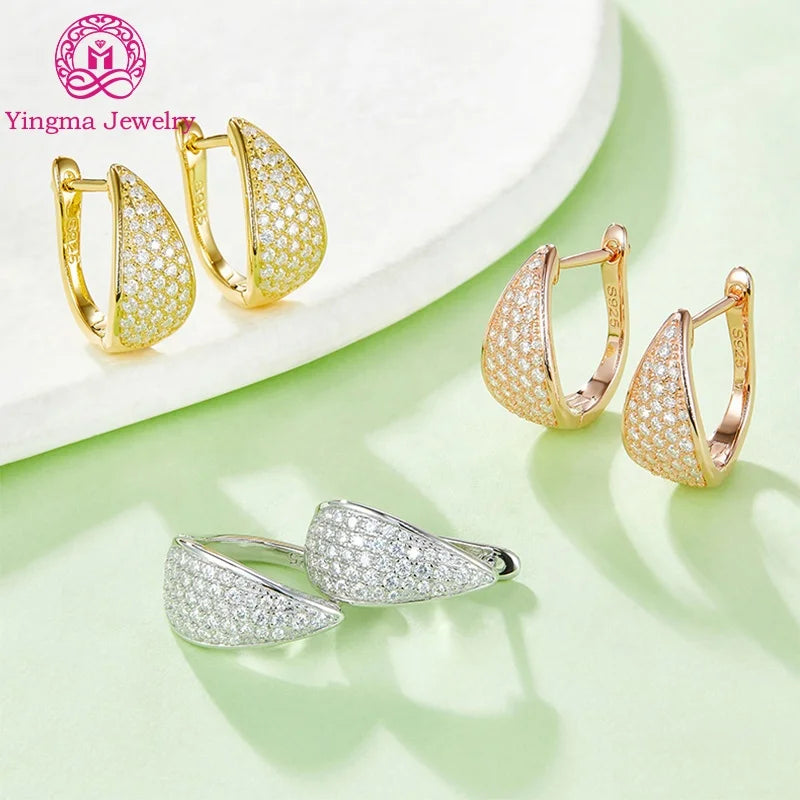 Yingma Luxury Hip Hop Moissanite Huggie Earrings for Women 925 Silver White/Rose/Yellow Gold Plated for Parties Anniversaries