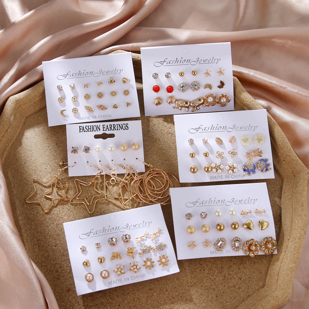 VKME New Fashion Pearl Crystal Earrings Gold Plated Hoop Earring Set for Women Jewelry