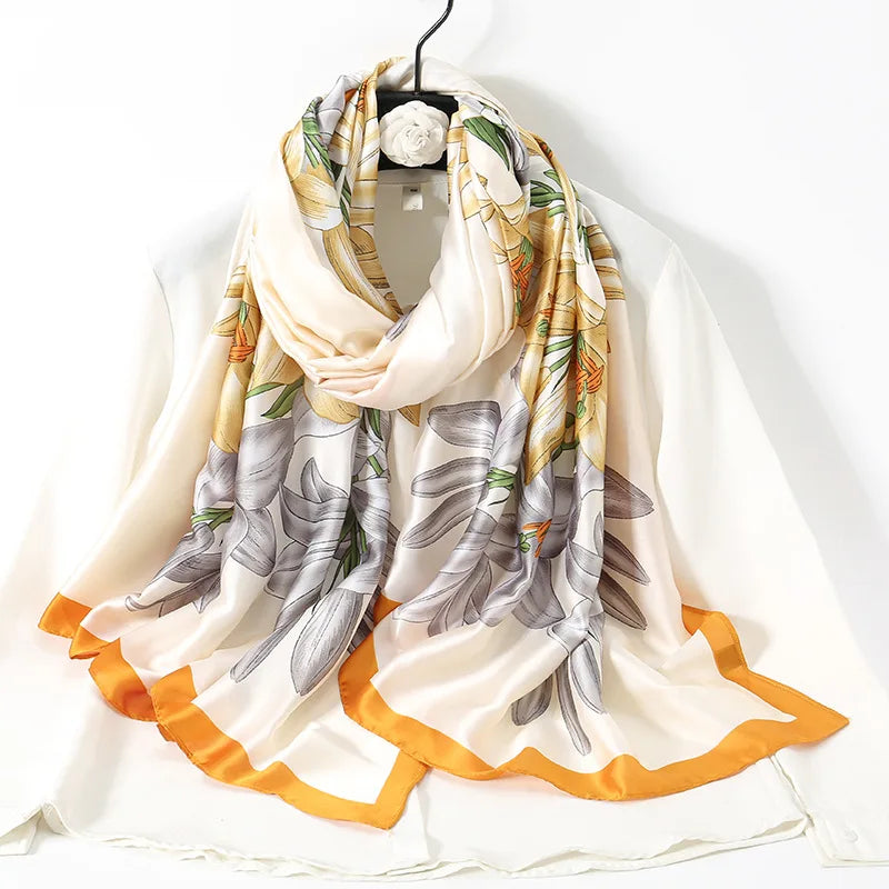 Ladies Elegant Lightweight Thin Long Scarf Popular Lily Print Sun Protection Breathable Silk Shawl for Women