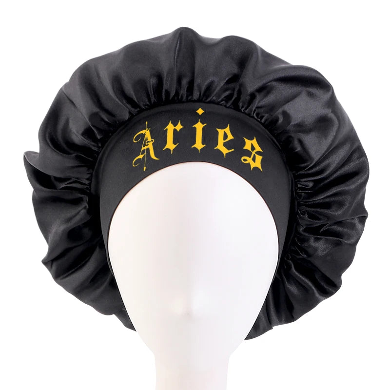 New Regular Size 30CM Wide Band Printing 12 Zodiac Signs Sleep Cap Large Satin Bonnets Silky Hair Sleep Cap for Ladies