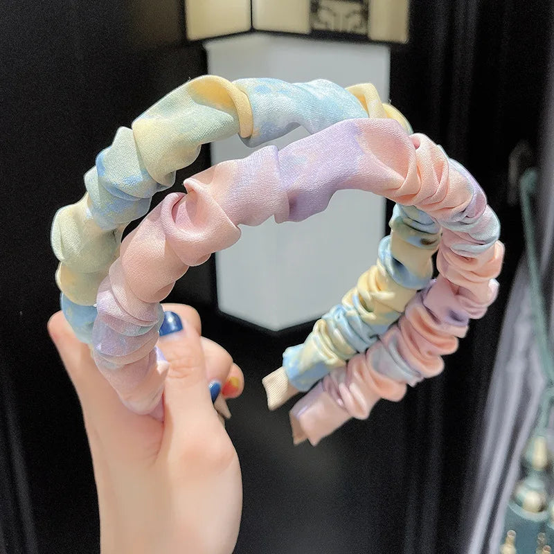 Sweet Tie Dye Fabric Folded Hair Hairband Headband Thin Edge Head Buckle Colorful Folds Headband for Women Girls