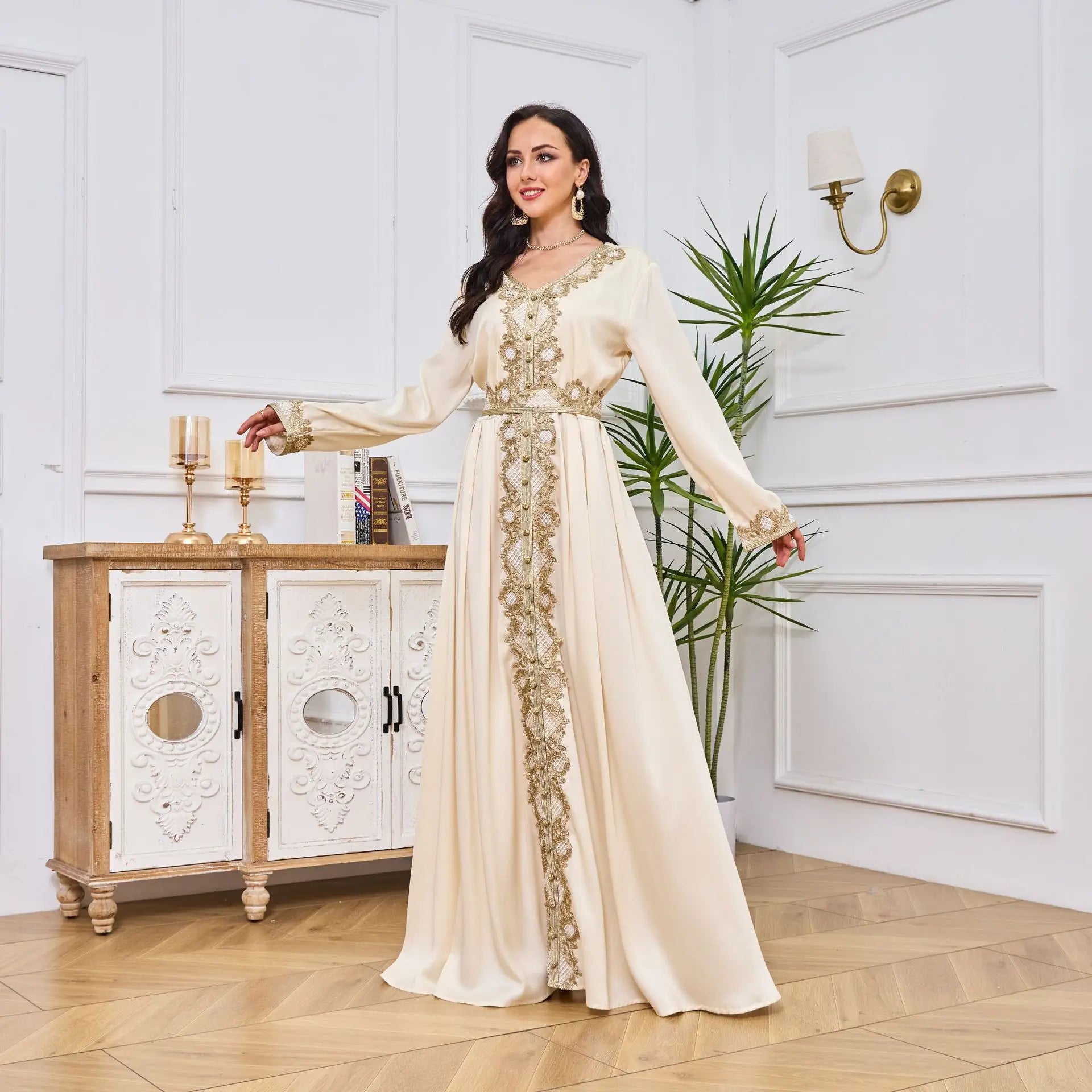 Muslim Long Skirts for Women Casual Formal Elastic Pleated Spandex Prayer Kaftan Embroidery Floral Elegant Abaya Lanna