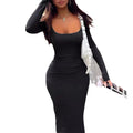 Women Long Dresses Long Sleeve Ribbed Square Neck Dress Spring Party Club Maxi Bodycon Dress
