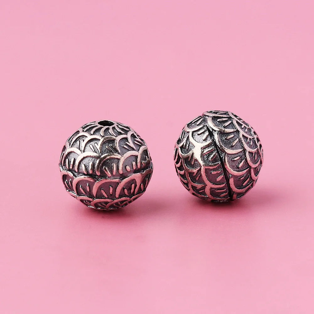 Vintage S925 Sterling Antique Silver Reverse Scale Round Bead for Men's Bracelet Accessories