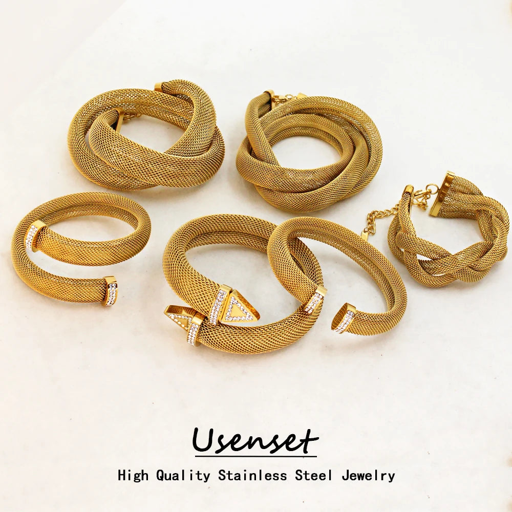 Stylish Hollow Mesh Series Stainless Steel Bangle Unisex Multi-Layer 18k Gold Plated Jewelry Set China Wholesale
