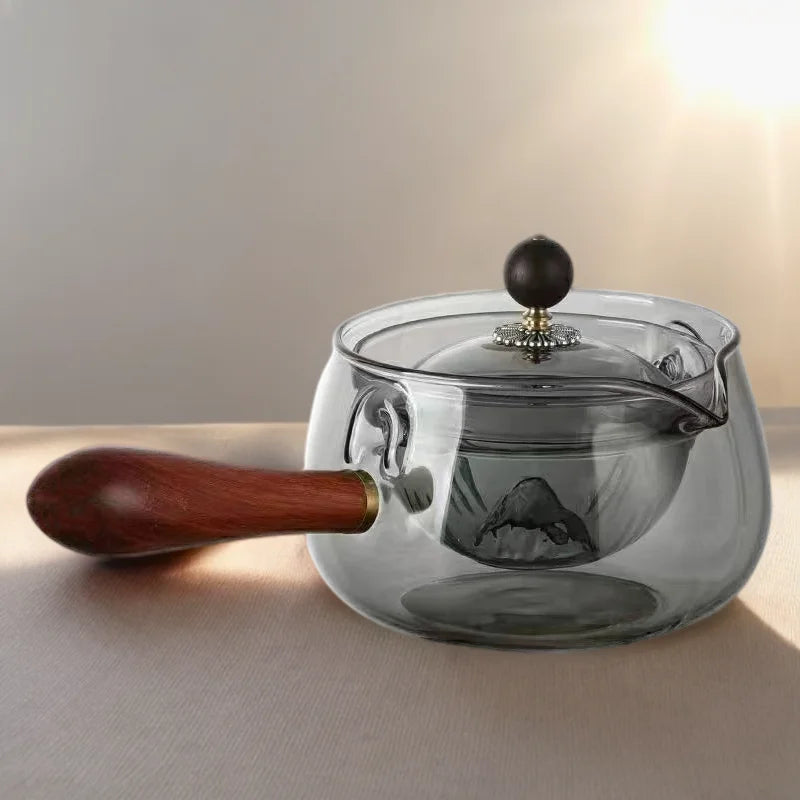 500ml Handmade High Borosilicate Tea Pot With Side Wooden Handle Gray clear Heat Resistant Water Glass Kettles