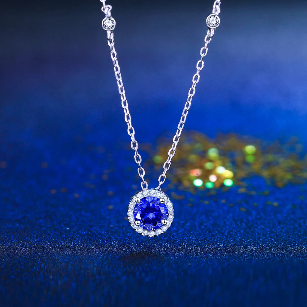 Simplicity 925 Sterling Silver Round Blue Synthetic Tanzanite Stone Chain Pendant Necklace for Women Party Fine Jewelry Gifts